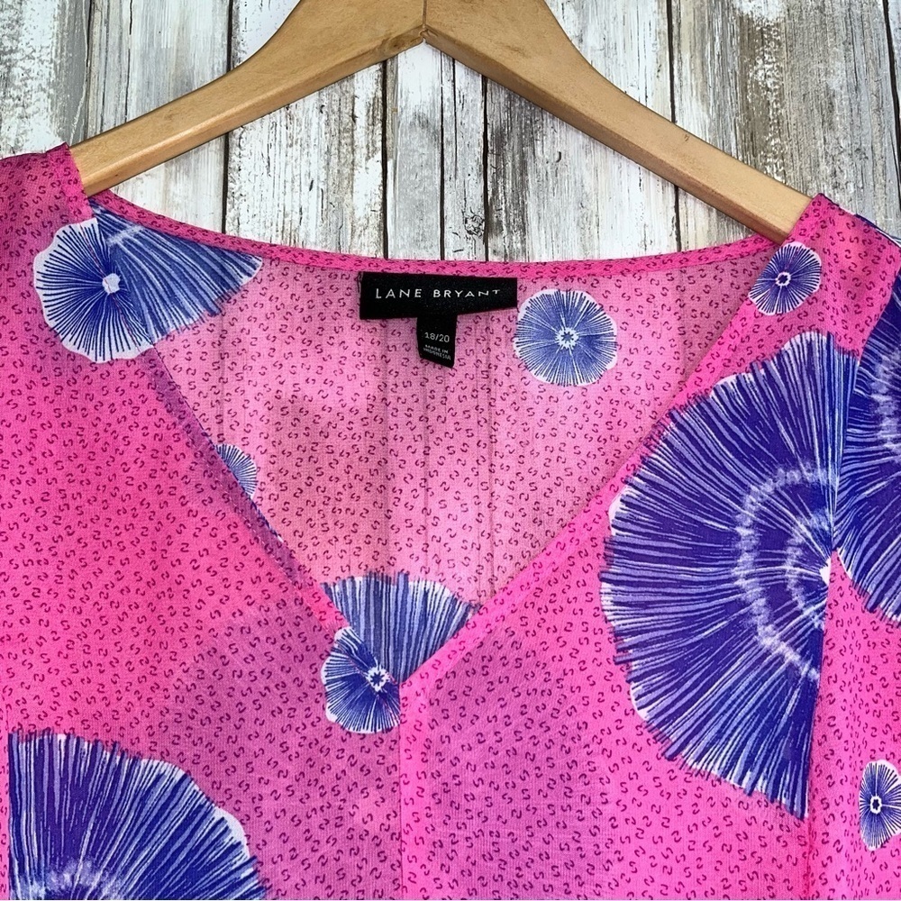 Lane Bryant Batik Floral Babydoll Blouse Pink Purple Sheer V-Neck Size 18/20 - Picture 7 of 9